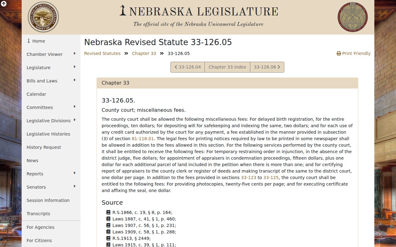 Nebraska county court copy fee law for Bertrand docket records