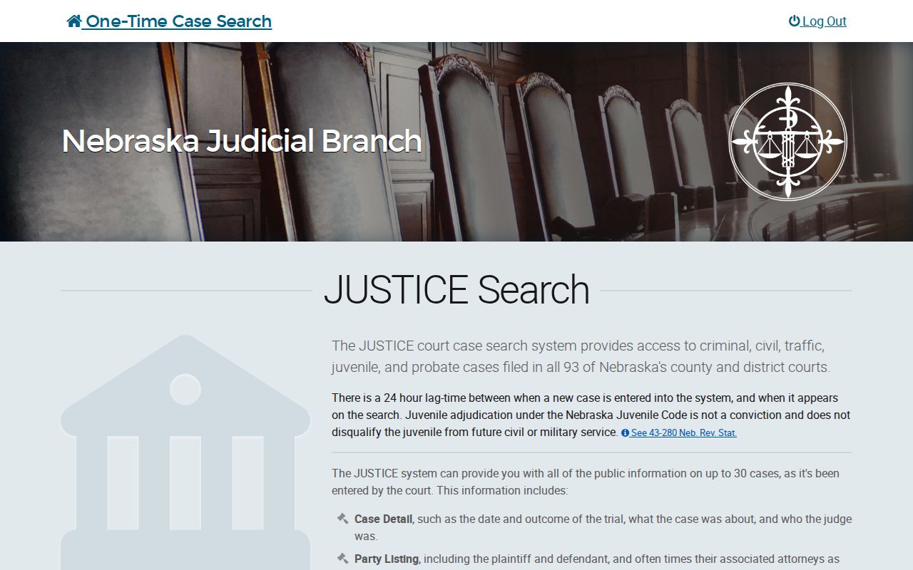 Phelps County case search JUSTICE one-time search notice