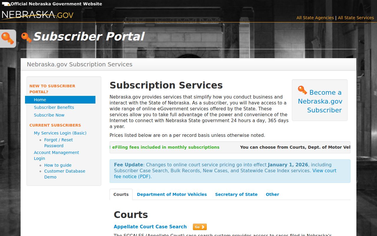 Phelps County case search Nebraska subscriber access page