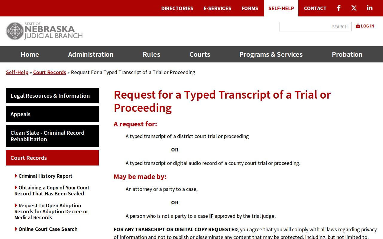 Phelps County court records typed transcript request overview